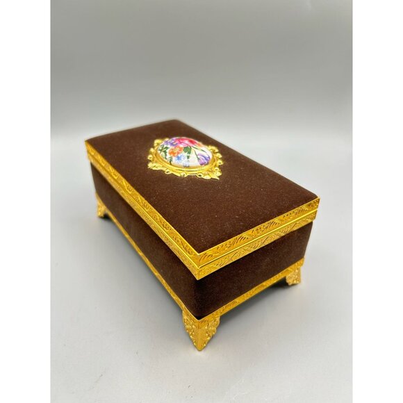 Vintage Gold & Brown Velvet Jewelry Box with Floral Porcelain Accent - Picture 3 of 9